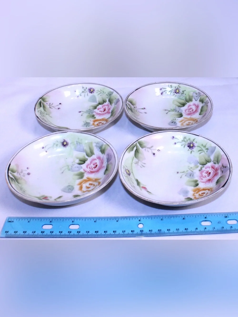 Antique Nippon Porcelain Berry or Dessert Bowls Set of 4 Rose Garden Design